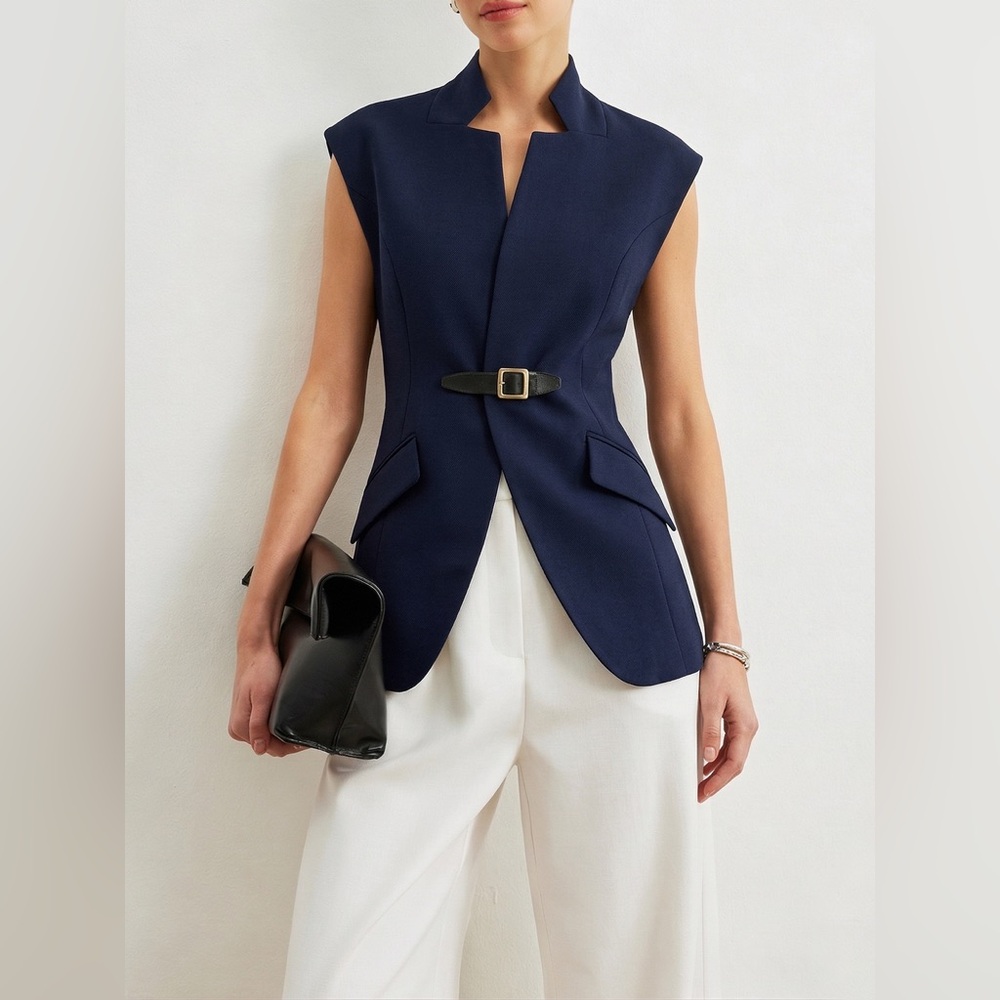 Commense Navy Sleeveless Structured Vest with Buckle Detail